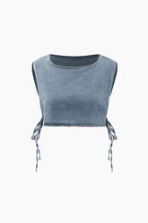 Denim Side Tie Tank Top And Wrap Mini Skirt Set